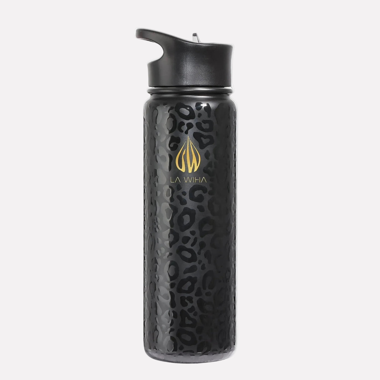 A 24oz stainless steel water bottle with a black leopard print pattern and a straw lid, featuring the LA WIHA brand logo.