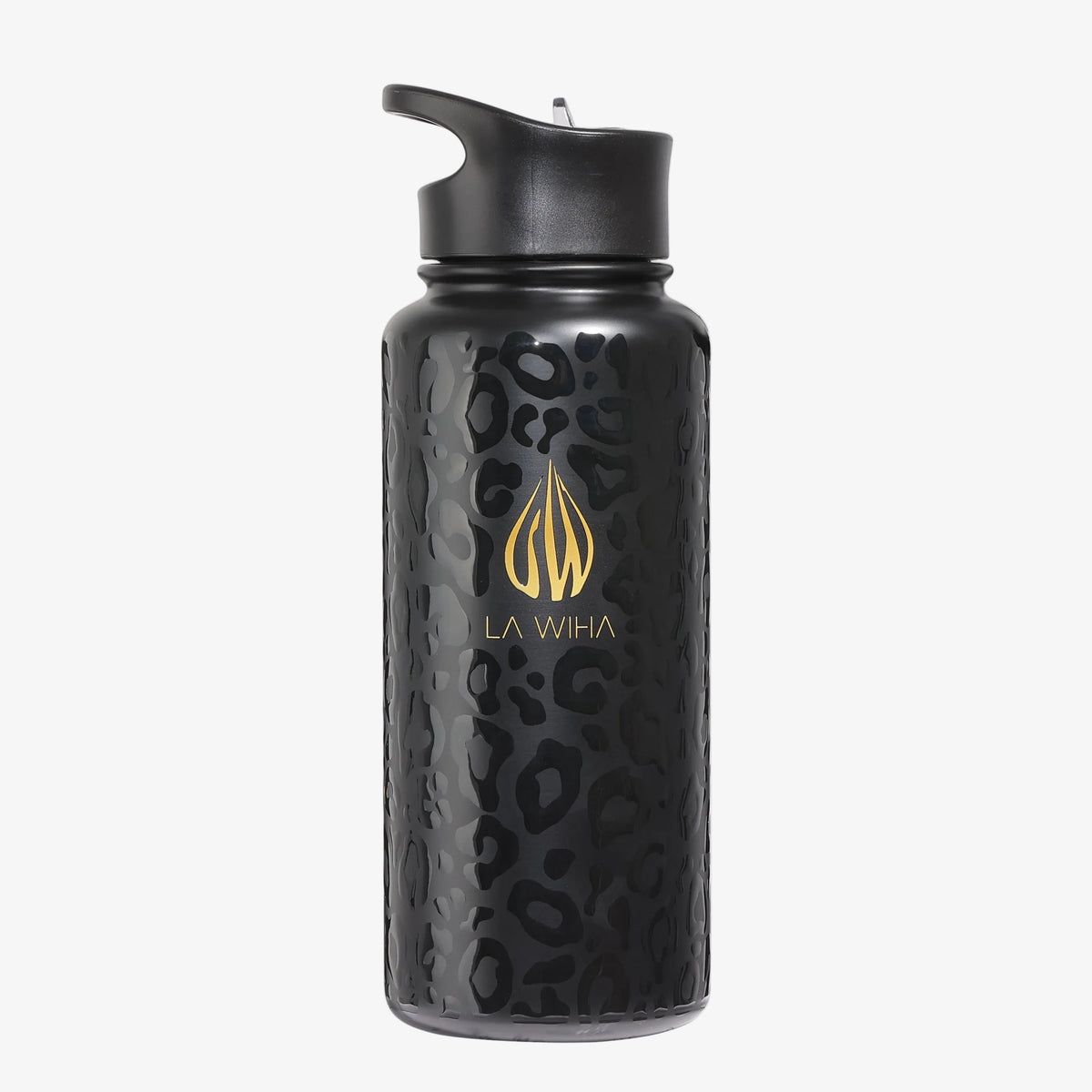 A 32oz black insulated water bottle with a convenient smooth plastic clear drinking straw with a textured leopard print pattern, and a gold 'LA WIHA' logo printed on the front, set against a plain light gray background.