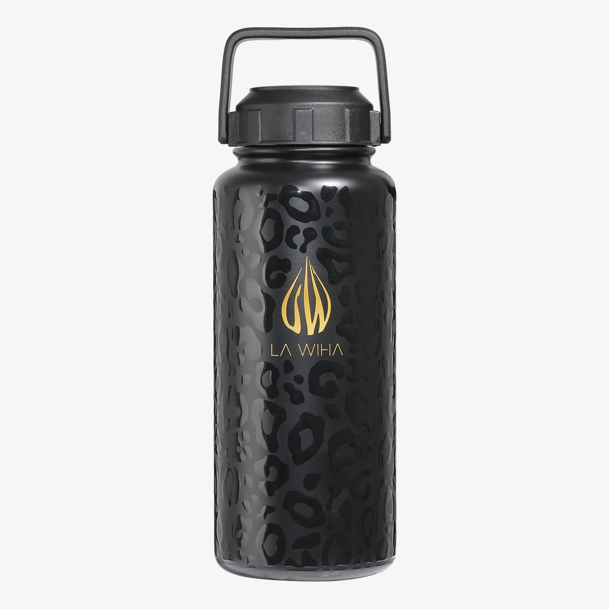 A 32 ounce reusable black insulated water bottle with a textured leopard print pattern, a black strong handle lid, and a gold La Wiha logo on the front, set against a plain light gray background.