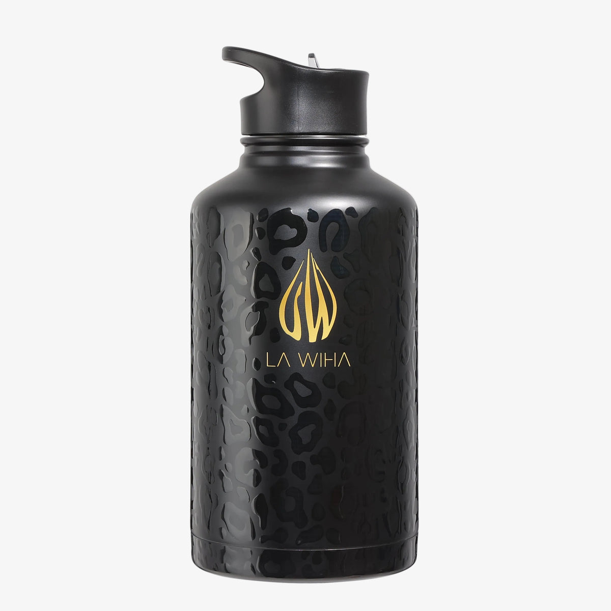 A 64 ounce durable half gallon matte black insulated water bottle with a textured leopard print pattern with a straw lid, featuring a gold La Wiha logo and name on the front, set against a plain light gray background. Best for active lifestyle and all day hydration