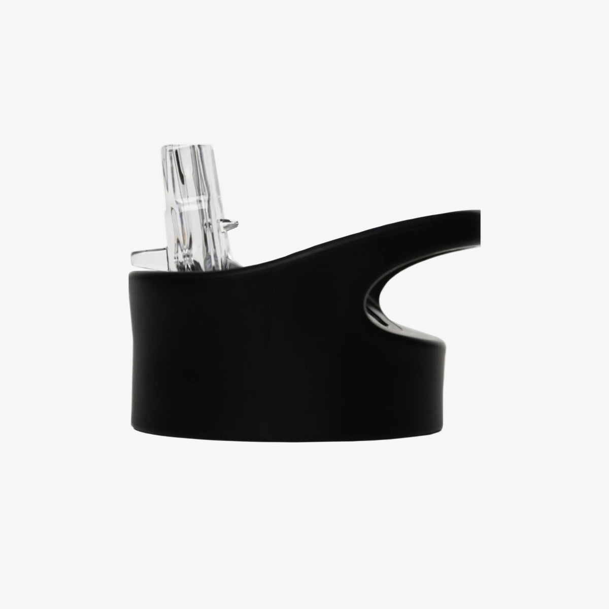 A black smooth drinking straw water bottle lid with a clear plastic straw , shown against a plain white background.