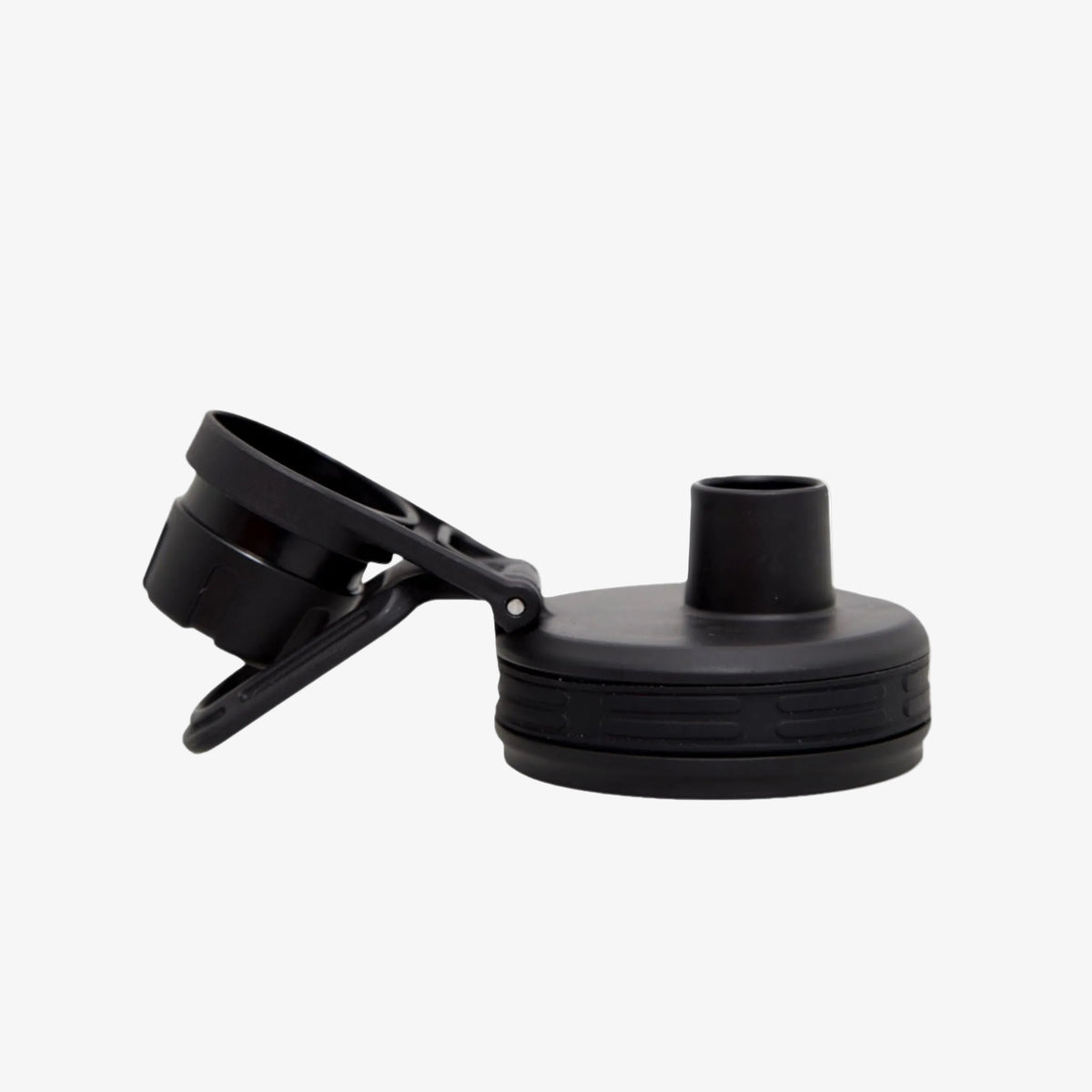 A leak proof black water bottle lid with a flip-up twist spout lid and a side clip handle, shown open against a light gray background.