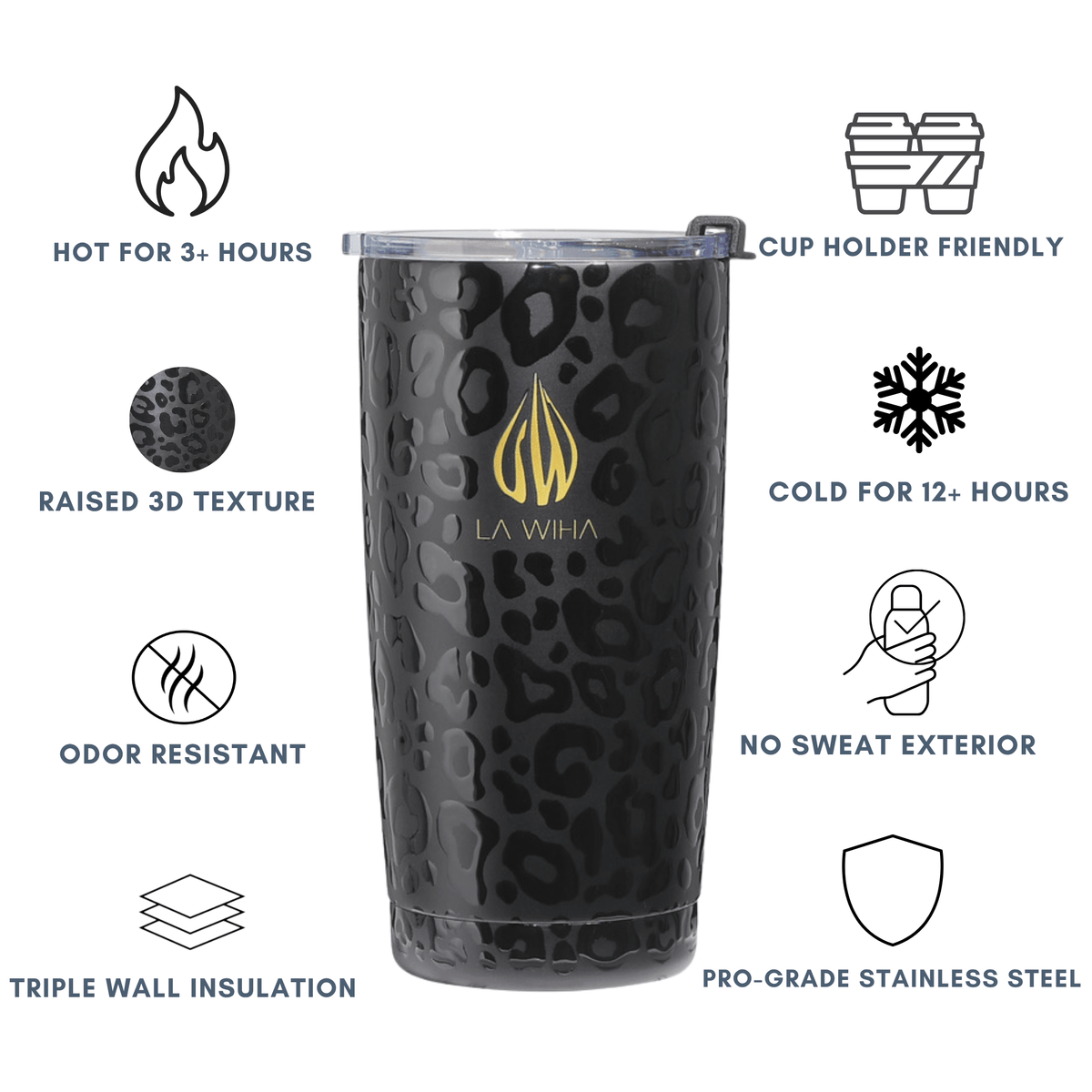 A black stainless steel 20 ounce insulated tumbler with a dark leopard pattern and a gold LA WIHA logo, surrounded by feature and benefits icons and text on a white background. Hot for 3 hours, raised 3D texture, odor resistant, triple wall insulation, cupholder cup holder friendly compatible, cold for 12+ hours, no swear exterior, pro grade stainless steel
