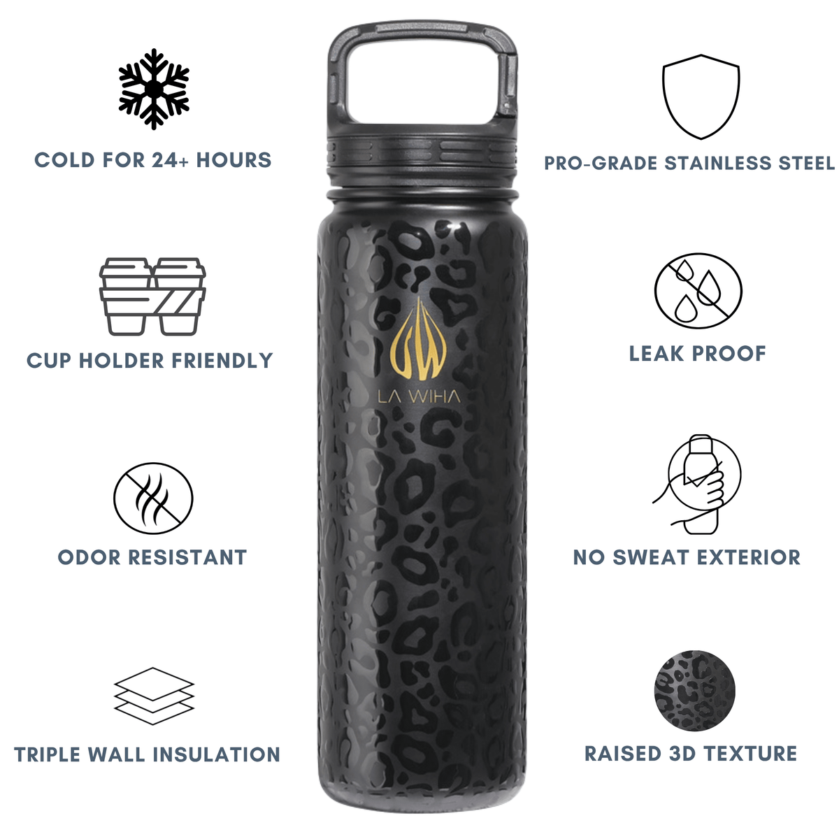 A black insulated water bottle with a subtle leopard pattern and a gold flame logo reading LA WIHA, centered on a white background with feature callouts around it. Cold for 24+ hours, cup holder friendly, odor resistant, triple wall insulation, pro grade stainless steel, leak proof, no sweat exterior, raised 3D texture, bpa free