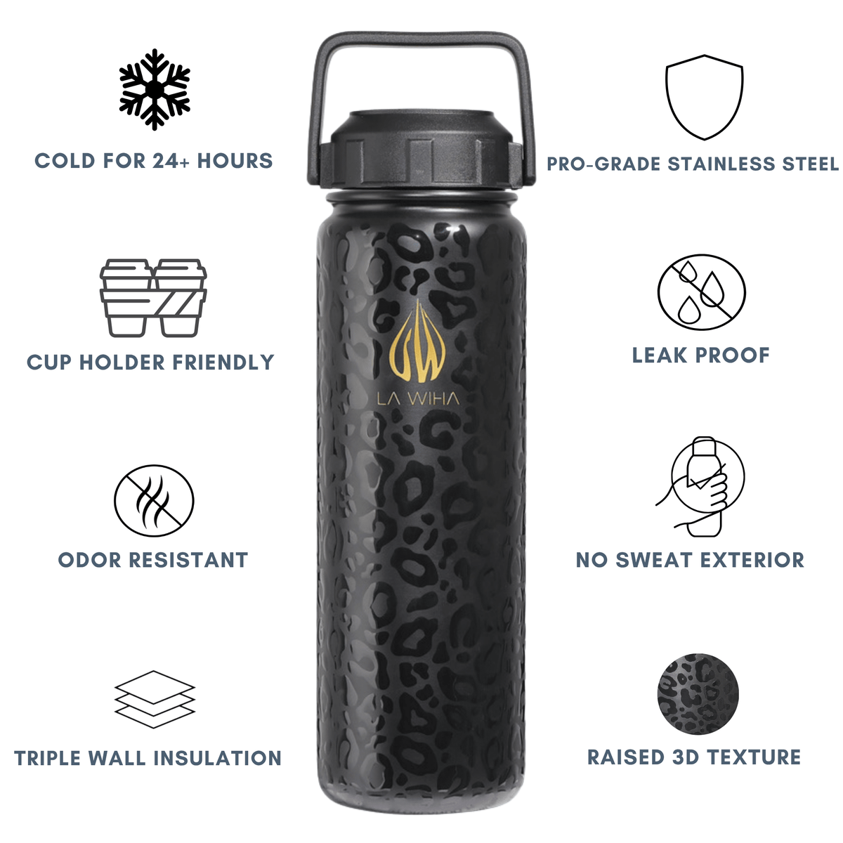 A black 24oz insulated water bottle with a leopard-style textured pattern and a leak proof handle lid a gold LA WIHA logo, shown on a white background with feature callouts and icons around it. Cold for 24+ hours, cup holder friendly, odor resistant, triple wall insulation, pro grade stainless steel, leak proof, no sweat exterior, raised 3D texture, bpa free