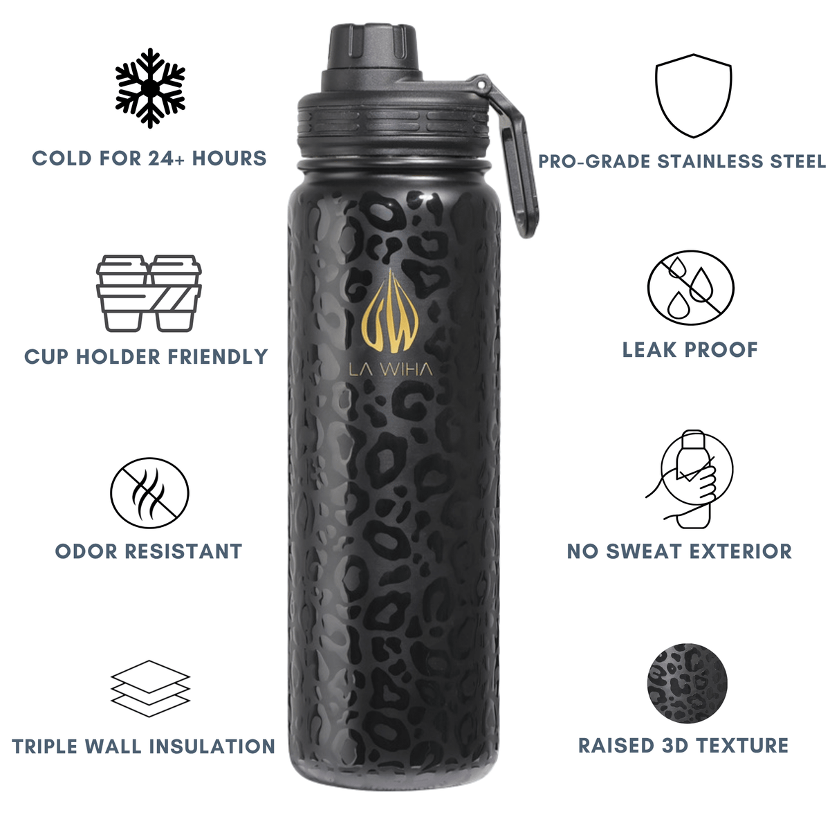 A 24oz black insulated water bottle with a subtle leopard pattern and a gold 'LA WIHA' logo, centered on a white background with feature callouts and icons around it. Cold for 24+ hours, cup holder friendly, odor resistant, triple wall insulation, pro grade stainless steel, leak proof, no sweat exterior, raised 3D texture, bpa free