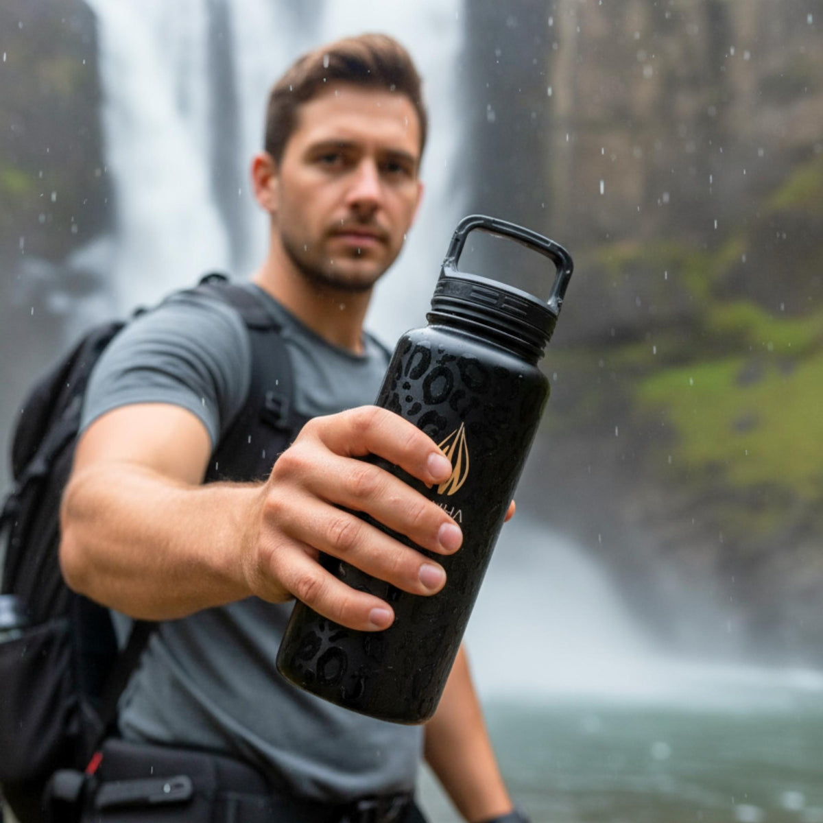 Traveler man holding a black 32 ounce clip lid water bottle with a waterfall water adventure background