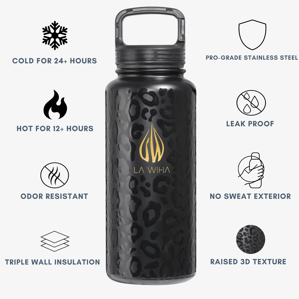 A black insulated water bottle with a gold LA WIHA logo and a subtle leopard pattern, shown on a light gray background with feature benefits callouts and icons around it Cold for 24+ hours, odor resistant, triple wall insulation, pro grade stainless steel, leak proof, no sweat exterior, raised 3D texture, bpa free