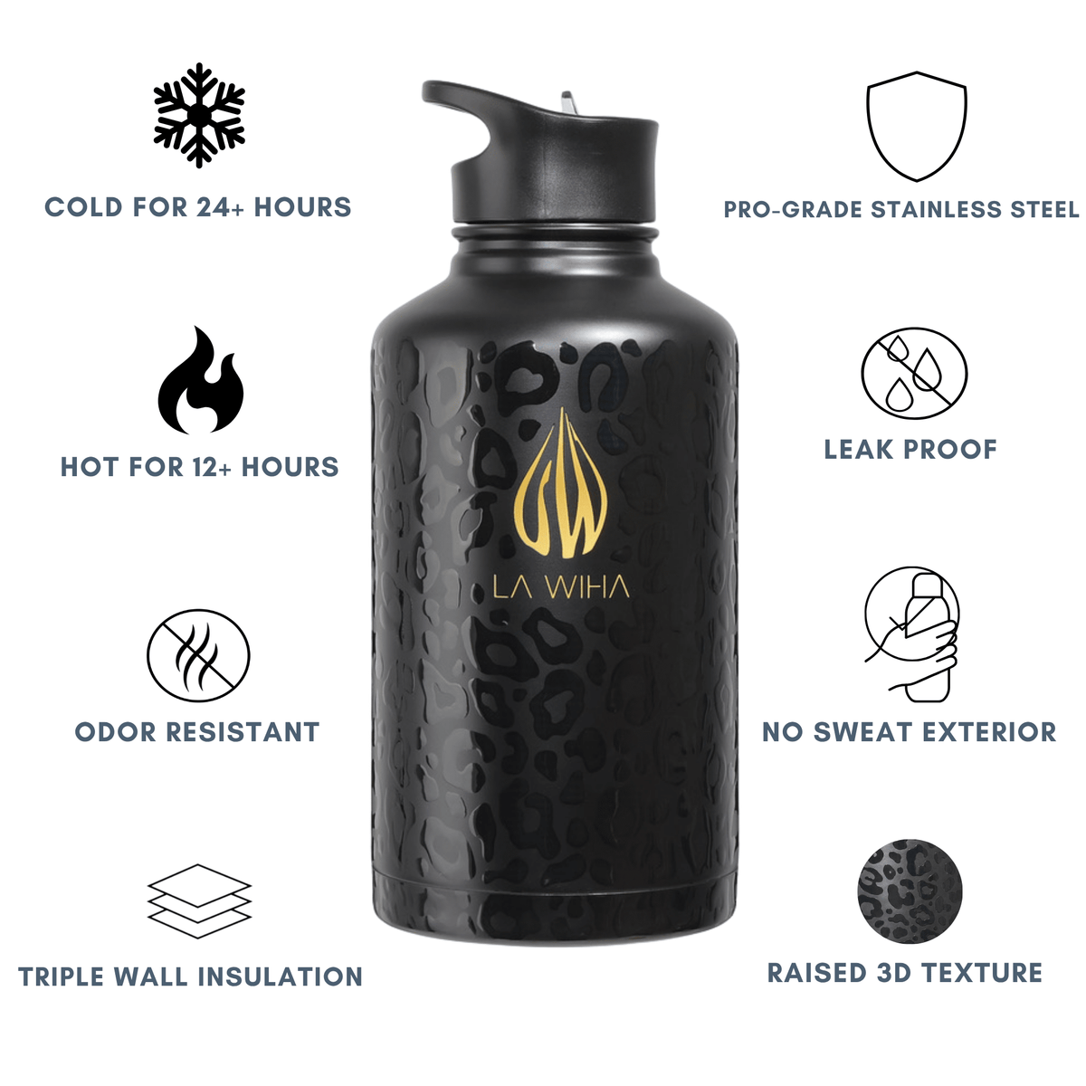 A half gallon 64 ounce leopard print black stainless steel water bottle with a gold logo and text, surrounded by feature callouts on a white background. The bottle has a textured leopard-like pattern and a straw cap. Cold for 24+ hours, odor resistant, triple wall insulation, pro grade stainless steel, leak proof, no sweat exterior, raised 3D texture, bpa free all day hydration