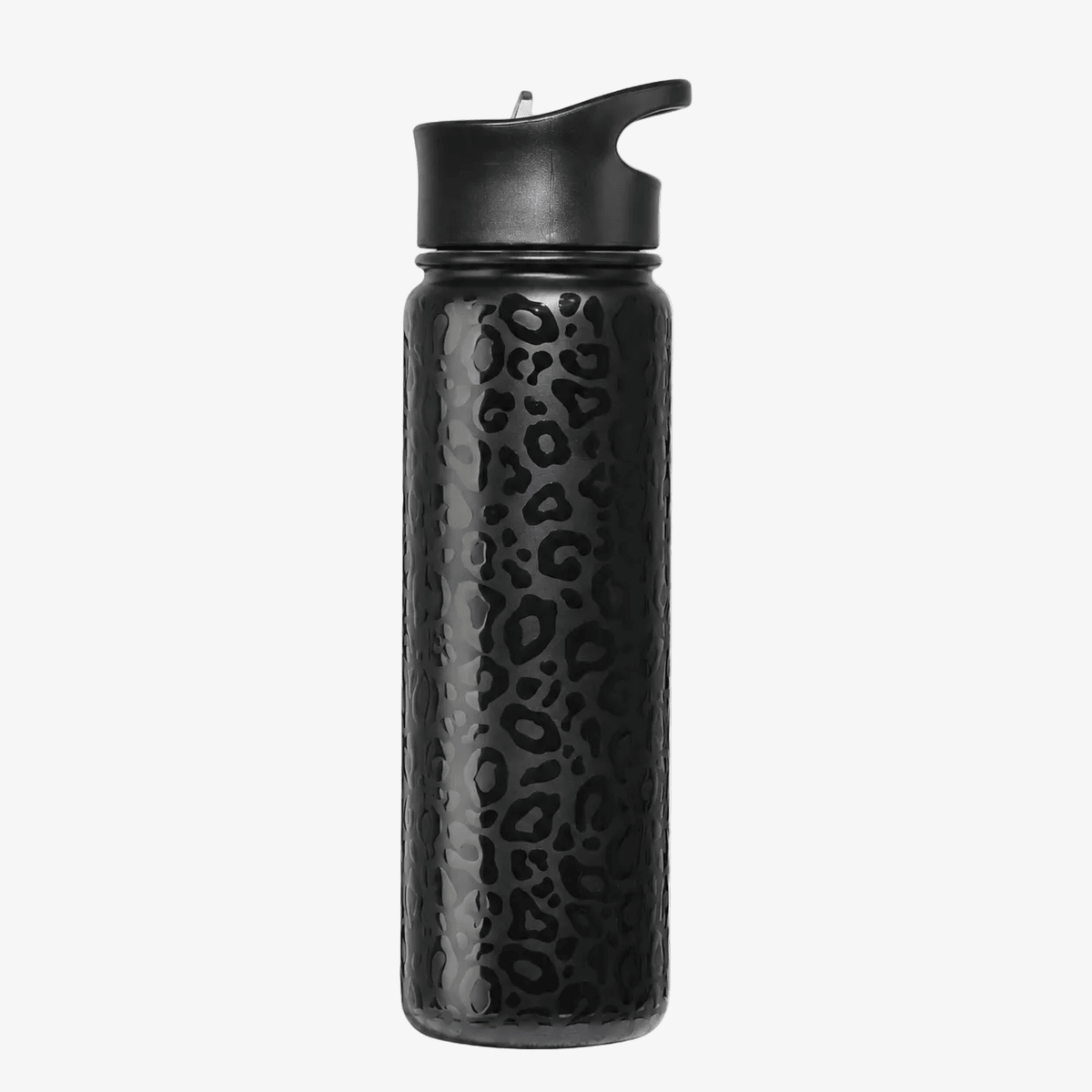 A 24oz water bottle with a clear drinking straw lid black insulated water bottle with a textured finish and an allover leopard print pattern, featuring a black flip-top lid, set against a plain light gray background.