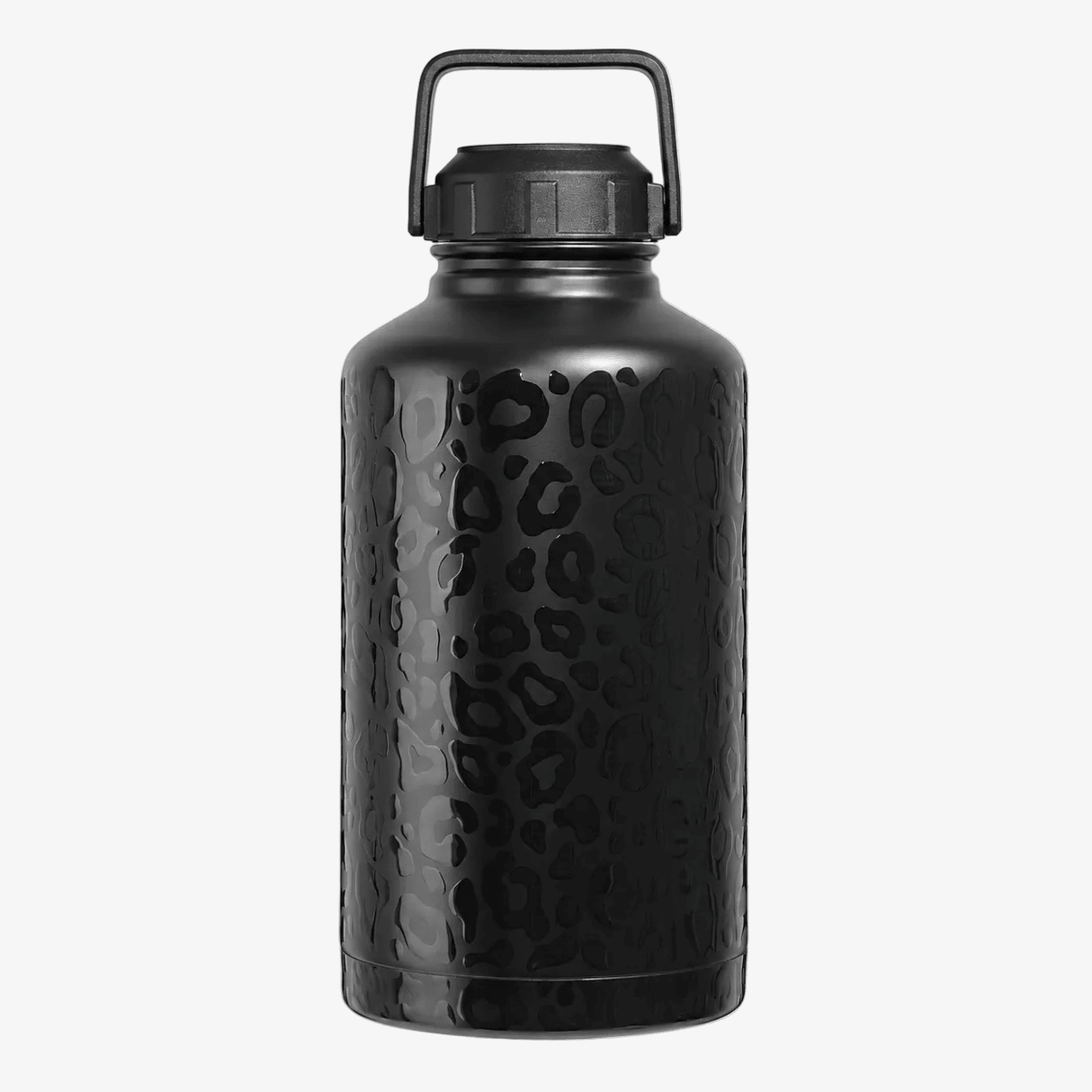 A 64 oz half gallon stainless steel matte black insulated water bottle with a textured leopard print pattern and a black easy carry handle lid, shown on a light gray background.