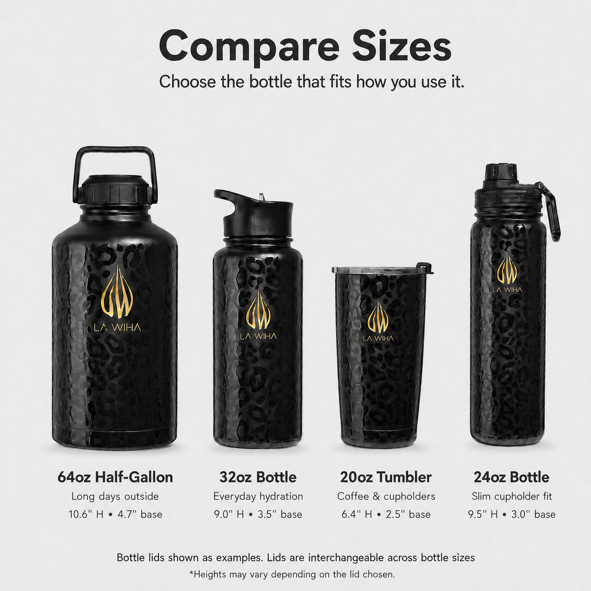 A size comparison infographic for LA WIHA insulated bottles, showing four bottle models: 64oz Half-Gallon, 32oz Bottle, 20oz Tumbler, and 24oz Bottle, with dimensions and text on a light gray background.