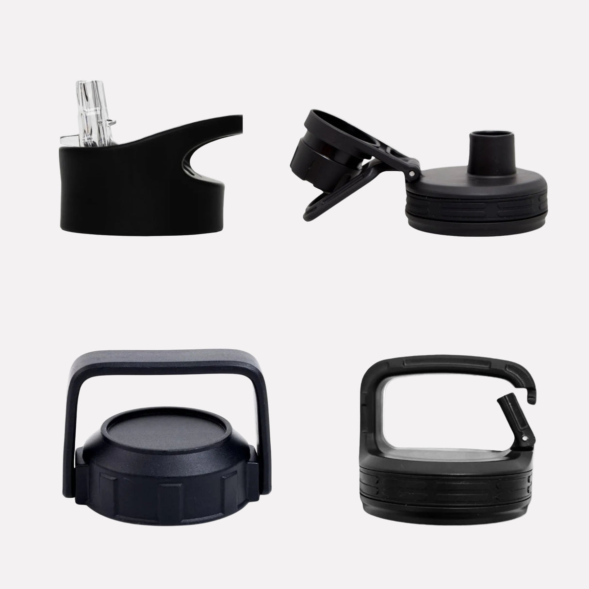 A set of four black bottle lids of different types. Straw lid, sport lid, handle lid, carabiner clip lid