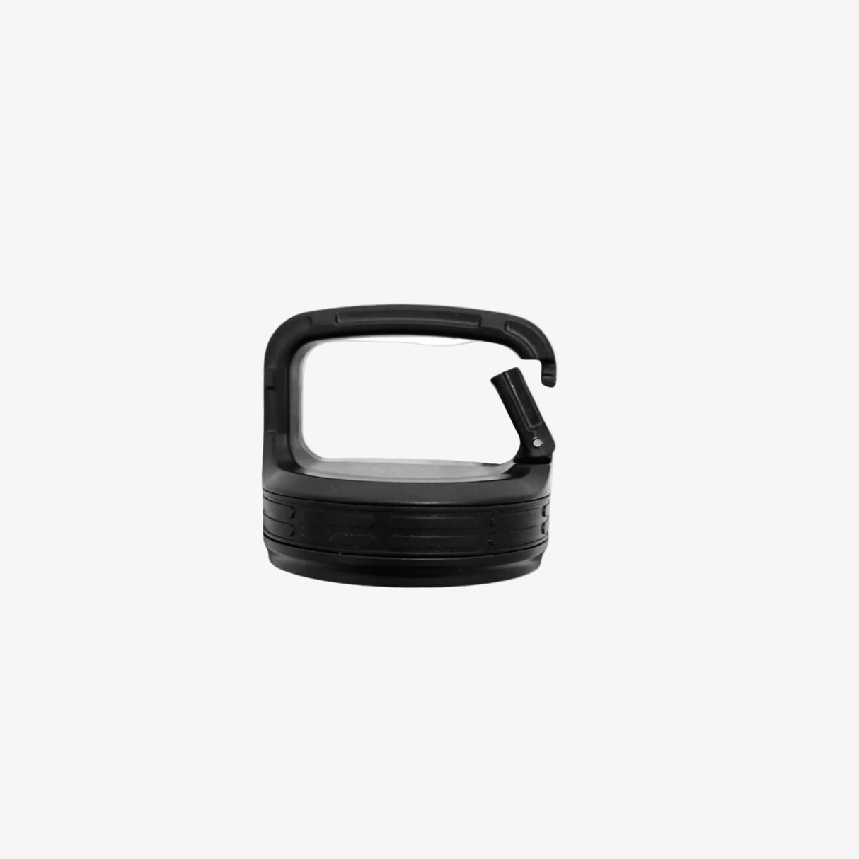 A black plastic lid with a built-in carabiner clip, shown from a side profile view against a plain light gray background.
