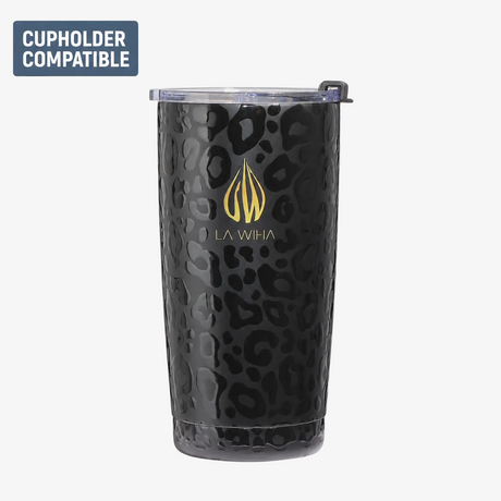 A black insulated tumbler with a subtle leopard pattern and a gold 'LA WIHA' logo, shown on a light gray background with a 'CUPHOLDER COMPATIBLE' badge in the top-left corner.