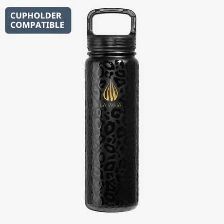 A matte black 3D textured leopard print insulated 24oz Stainless Steel Water Bottle With built in carabiner clip lid featuring a gold La Wiha logo and name on the front, complete with a black carrying loop lid, set against a plain white background. Stay hydrated with our 24 ounce black leopard insulated stainless steel bottle, featuring a clip lid for easy carry. Ideal for adventurers and for people trying to drink more water, it maintains beverages hot or cold for hours. slim, light weight