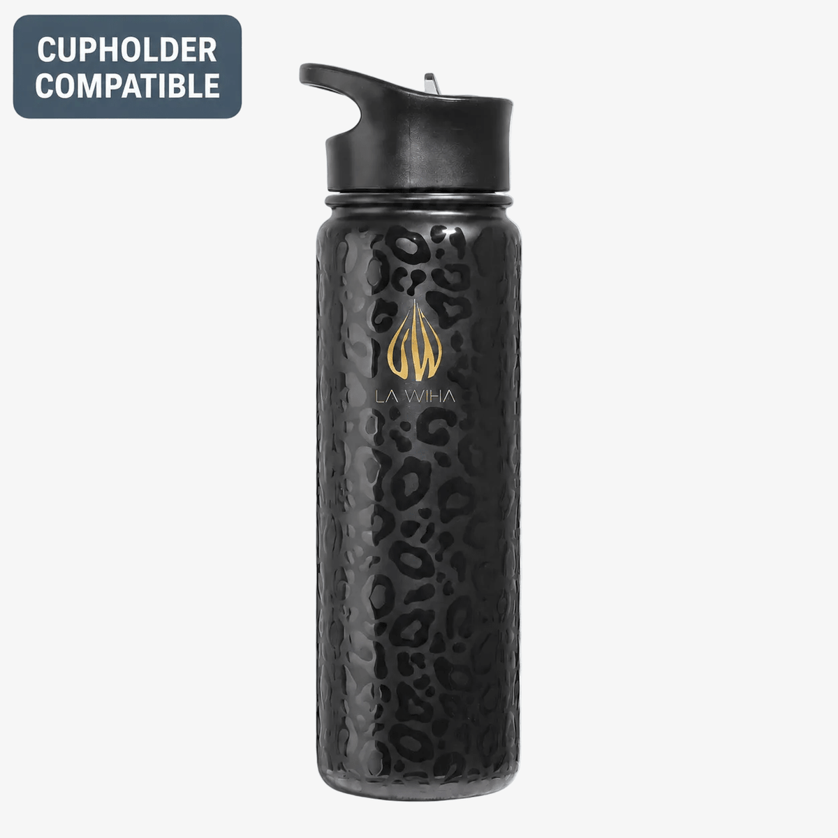 A black slim light weight 24 ounce La Wiha insulated water bottle with a textured leopard pattern and a gold logo, shown on a white background with a 'CUPHOLDER COMPATIBLE' badge