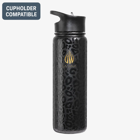 A black La Wha insulated water bottle with a textured leopard pattern and a gold logo, shown on a white background with a 'CUPHOLDER COMPATIBLE' badge in the top-left corner with a leak proof drinking straw lid straw lid
