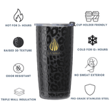 A black stainless steel 20 ounce insulated tumbler with a dark leopard pattern and a gold LA WIHA logo, surrounded by feature and benefits icons and text on a white background. Hot for 3 hours, raised 3D texture, odor resistant, triple wall insulation, cupholder cup holder friendly compatible, cold for 12+ hours, no swear exterior, pro grade stainless steel 