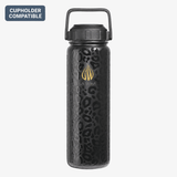 A black 24 ounce stainless steel insulated water bottle with a textured leopard pattern and a gold logo and a durable handle lid, shown on a light gray background with a 'CUPHOLDER COMPATIBLE' badge in the top-left corner.