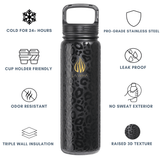 A black insulated water bottle with a subtle leopard pattern and a gold flame logo reading LA WIHA, centered on a white background with feature callouts around it. Cold for 24+ hours, cup holder friendly, odor resistant, triple wall insulation, pro grade stainless steel, leak proof, no sweat exterior, raised 3D texture, bpa free