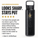 A 24oz black insulated water bottle with a raised leopard style pattern and a gold La Wiha logo, shown next to a verified buyer review on a white background. 24oz review, looks sharp and stays put, I've had a few people ask me where I got it. The raised black design looks sharp without being flashy and that carabiner lid is actually handy I clip it to the cooler so I don't lose it
