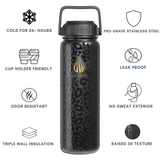 A black 24oz insulated water bottle with a leopard-style textured pattern and a leak proof handle lid a gold LA WIHA logo, shown on a white background with feature callouts and icons around it. Cold for 24+ hours, cup holder friendly, odor resistant, triple wall insulation, pro grade stainless steel, leak proof, no sweat exterior, raised 3D texture, bpa free