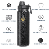 A 24oz black insulated water bottle with a subtle leopard pattern and a gold 'LA WIHA' logo, centered on a white background with feature callouts and icons around it. Cold for 24+ hours, cup holder friendly, odor resistant, triple wall insulation, pro grade stainless steel, leak proof, no sweat exterior, raised 3D texture, bpa free