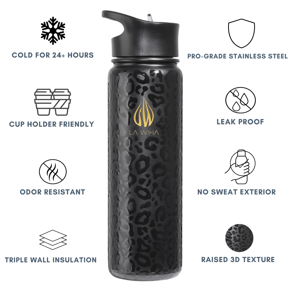 A 24 ounce black insulated water bottle with a subtle leopard pattern and a gold 'LA WIHA' logo, centered on a white background with feature callouts and icons around it. Cold for 24+ hours, cup holder friendly, odor resistant, triple wall insulation, pro grade stainless steel, leak proof, no sweat exterior, raised 3D texture, bpa free