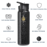 A 24 ounce black insulated water bottle with a subtle leopard pattern and a gold 'LA WIHA' logo, centered on a white background with feature callouts and icons around it. Cold for 24+ hours, cup holder friendly, odor resistant, triple wall insulation, pro grade stainless steel, leak proof, no sweat exterior, raised 3D texture, bpa free