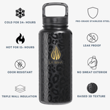 A black insulated water bottle with a gold LA WIHA logo and a subtle leopard pattern, shown on a light gray background with feature benefits callouts and icons around it Cold for 24+ hours, odor resistant, triple wall insulation, pro grade stainless steel, leak proof, no sweat exterior, raised 3D texture, bpa free