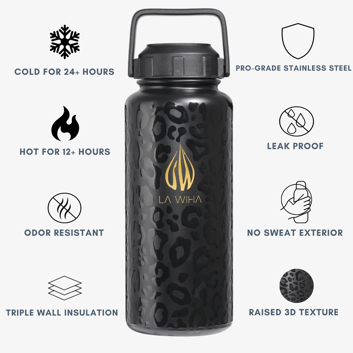 A 32 ounce stainless steel water bottle black insulated water bottle with a gold flame logo and leopard print pattern, shown on a light gray background with feature callouts around it. The bottle has a carry handle and lid, and surrounding text highlights cold retention, leak proofness, odor resistance, and raised 3D texture.Cold for 24+ hours, cup holder friendly, odor resistant, triple wall insulation, pro grade stainless steel, leak proof, no sweat exterior, raised 3D texture, bpa free