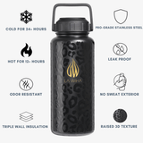 A 32 ounce stainless steel water bottle black insulated water bottle with a gold flame logo and leopard print pattern, shown on a light gray background with feature callouts around it. The bottle has a carry handle and lid, and surrounding text highlights cold retention, leak proofness, odor resistance, and raised 3D texture.Cold for 24+ hours, cup holder friendly, odor resistant, triple wall insulation, pro grade stainless steel, leak proof, no sweat exterior, raised 3D texture, bpa free