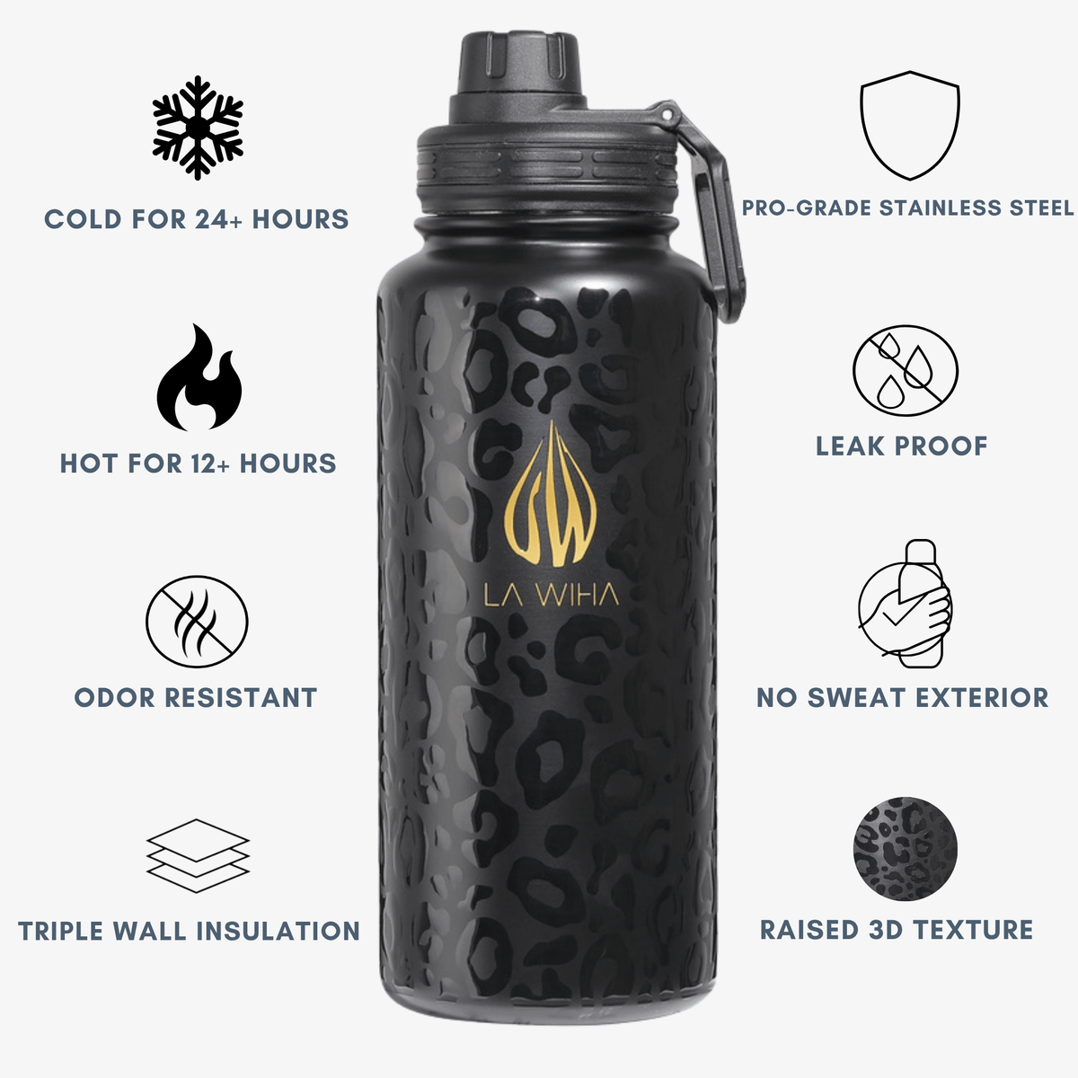 A black insulated water bottle with a gold LA WIHA logo and a raised leopard-style texture, centered on a light gray background with feature callouts around it. Cold for 24+ hours, odor resistant, triple wall insulation, pro grade stainless steel, leak proof, no sweat exterior, raised 3D texture, bpa free
