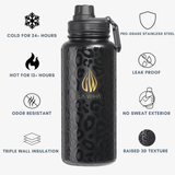 A black insulated water bottle with a gold LA WIHA logo and a raised leopard-style texture, centered on a light gray background with feature callouts around it. Cold for 24+ hours, odor resistant, triple wall insulation, pro grade stainless steel, leak proof, no sweat exterior, raised 3D texture, bpa free