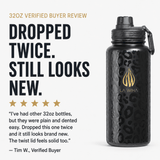 A 32oz black water bottle with a leopard print pattern and gold LA WIHA logo, shown next to promotional text and a verified buyer review on a white background. Review for a 32oz. Dropped twice still looks new. Ive had other 32oz bottles but they were plain and dented easy. Dropped this twice and it still looks brand new. The twist lid feels solid too