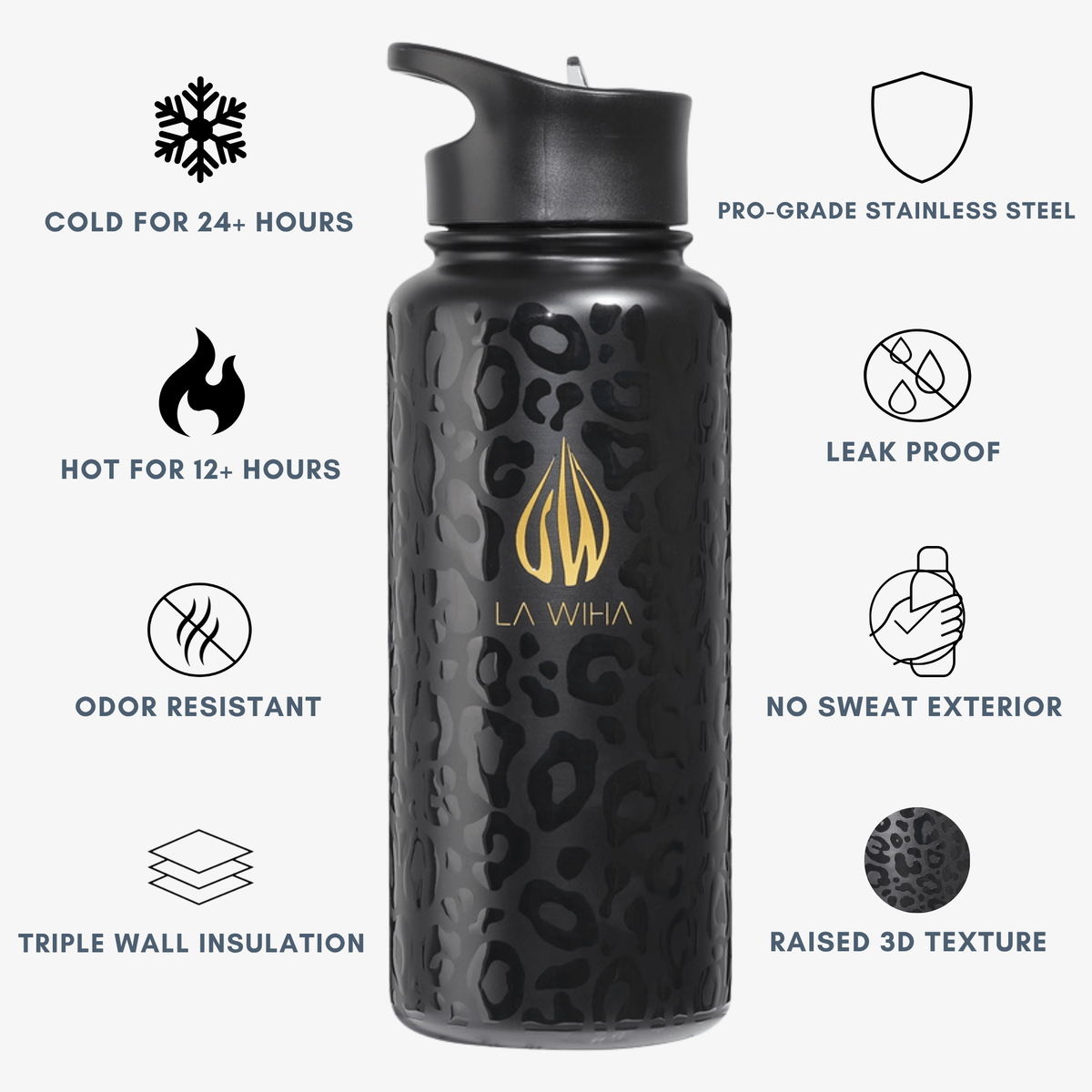 A black 32 ounces stainless steel water bottle with a leopard print texture and a gold 'LA WIHA' logo, shown on a light gray background with feature callouts around it.Cold for 24+ hours,  odor resistant, triple wall insulation, pro grade stainless steel, leak proof, no sweat exterior, raised 3D texture, bpa free