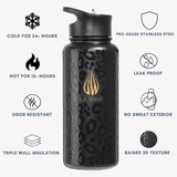 A black 32 ounces stainless steel water bottle with a leopard print texture and a gold 'LA WIHA' logo, shown on a light gray background with feature callouts around it.Cold for 24+ hours,  odor resistant, triple wall insulation, pro grade stainless steel, leak proof, no sweat exterior, raised 3D texture, bpa free