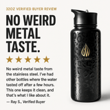 A black stainless steel water bottle with a glossy wavy pattern and a gold LA WIHA logo, shown next to a verified buyer review on a light beige background. 32oz review. No weird metal taste. No weird metal taste from the stainless steel. Ive had other water bottles where the water tasted off after a few hours. This one keeps it clean and that's what I like about it