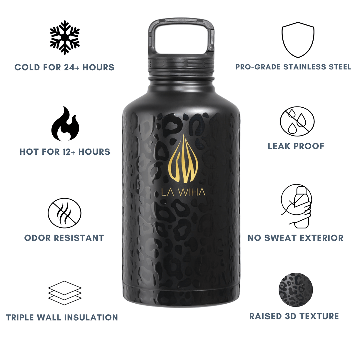 A matte black insulated water bottle with a gold LA WIHA logo, centered on a white background with feature callouts around it. Cold for 24 hours, hot for 12 hours, odor resistant, trip wall insulation, pro grade stainless steel, leak proof, no sweat exterior, raise 3D texture, bpa free
