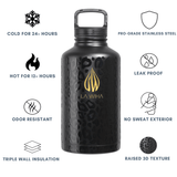 A matte black insulated water bottle with a gold LA WIHA logo, centered on a white background with feature callouts around it. Cold for 24 hours, hot for 12 hours, odor resistant, trip wall insulation, pro grade stainless steel, leak proof, no sweat exterior, raise 3D texture, bpa free