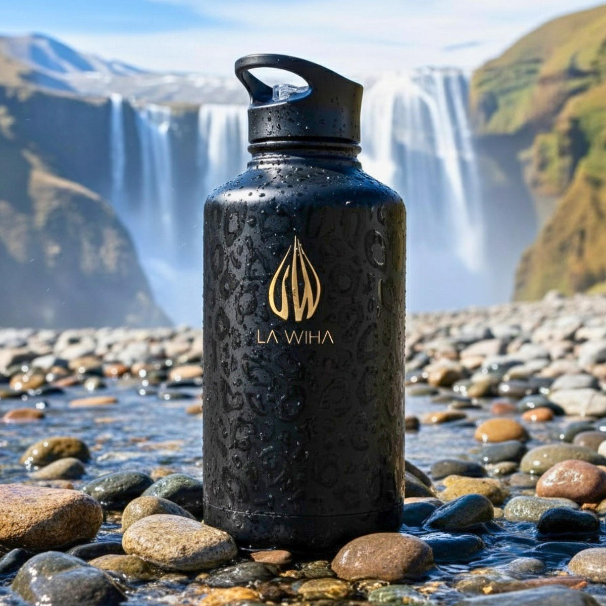 A 64oz black water bottle with a gold 'LA WIHA' logo stands in shallow water on a rocky beach, stream with a large waterfall, cliff in the background.