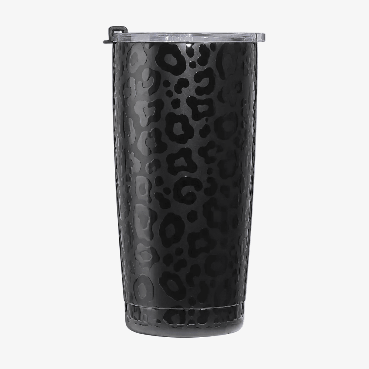 Black durable leopard print 20 ounce tumbler with a spill proof sipping flip  lid featuring background