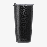 Black durable leopard print 20 ounce tumbler with a spill proof sipping flip  lid featuring background