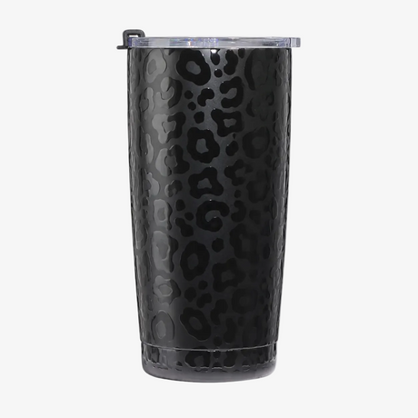Image of a black insulated 20oz stainless steel tumbler with a slider lid: the perfect solution for keeping your drinks hot or cold on the go. Crafted for durability and convenience, it's ideal for daily use and outdoor adventures. Say goodbye to spills with its easy-to-use slider and flip lids.