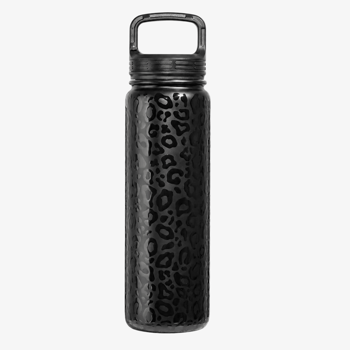 A 24 oz cup holder friendly  black insulated water bottle with a textured leopard print pattern and a matching black carabiner clip lid, shown against a plain light gray background.