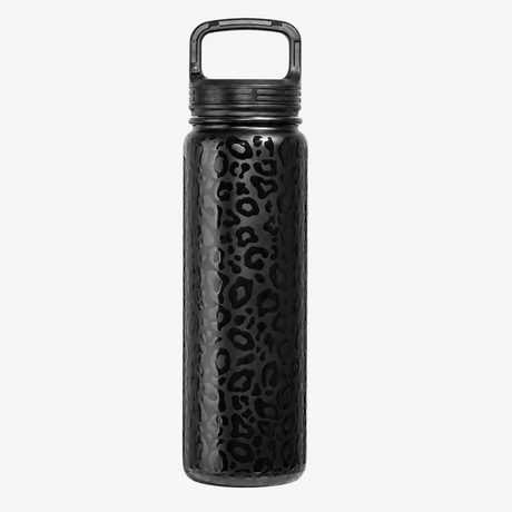 A leopard print insulated water bottle with a textured leopard print pattern and a black built in carabiner clip lid, shown on a solid white background. 

Stainless steel, durable, insulation, water bottle, water bottles, water jug, best water bottle, 24oz insulated water bottle perfect water bottle, everyday water bottle, best water bottle
