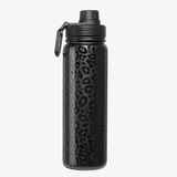 The back of a durable light weight, slim , petite 24oz bottle with a sport lid black water bottle with a textured leopard print pattern, featuring a black screw-on cap and a small black carrying loop, shown against a plain white background.