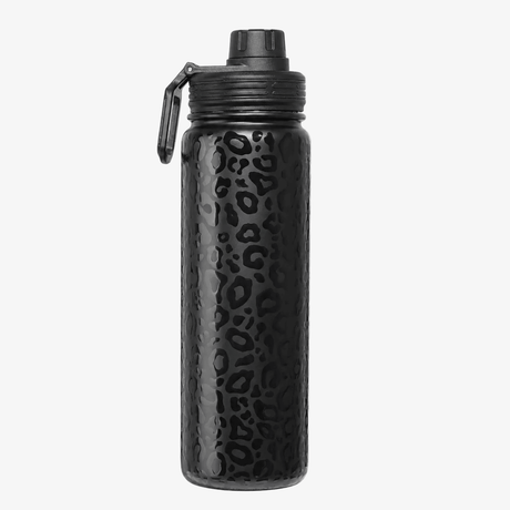 The back of a durable light weight, slim , petite 24oz bottle with a sport lid black water bottle with a textured leopard print pattern, featuring a black screw-on cap and a small black carrying loop, shown against a plain white background.