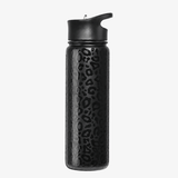 A 24oz water bottle with a clear drinking straw lid black insulated water bottle with a textured finish and an allover leopard print pattern, featuring a black flip-top lid, set against a plain light gray background.